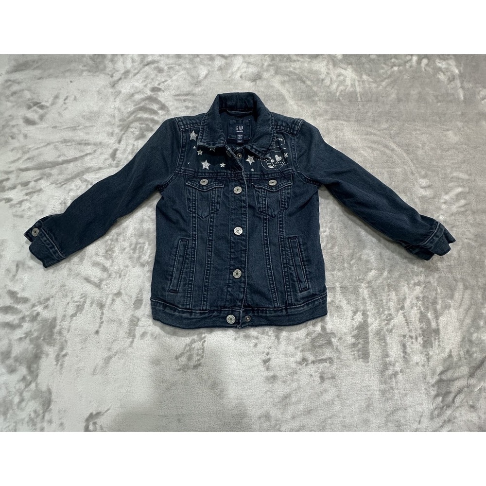 Gap Denim Jacket Girls Size XS Blue Jean Buttons Artsy Cat Meow‎ Long Sleeve EUC